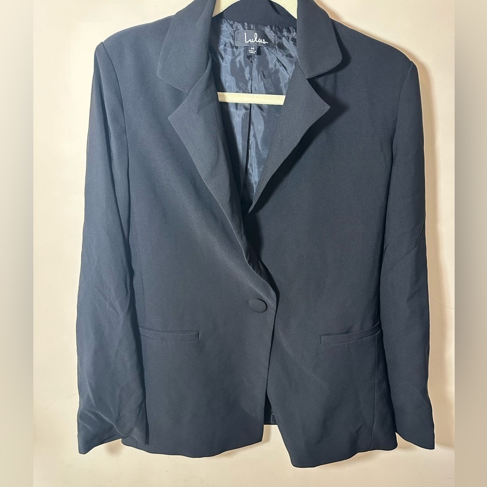 Lulus Womens Black Notch Lapel Besom Pocket Split Back Stretch Suit Blazer M